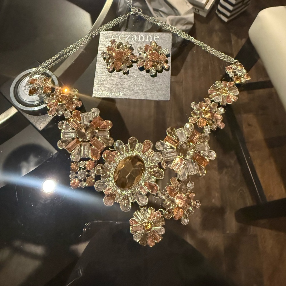 cezanne Pink and Champagne Floral Crystal Necklace with Matching Earrings